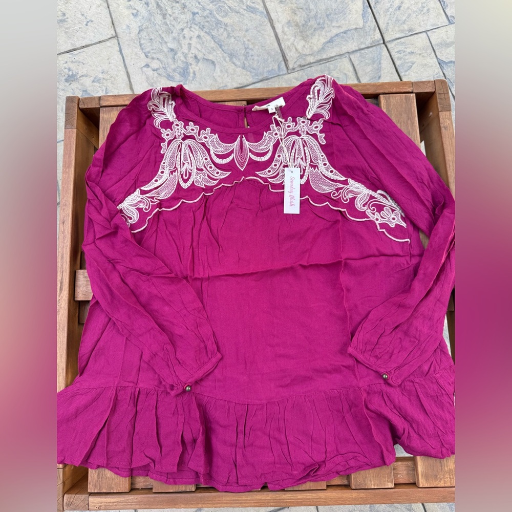 Someday Blush Embroidered Ruffle Hem Long-Sleeve Top - Wine - Picture 2 of 9